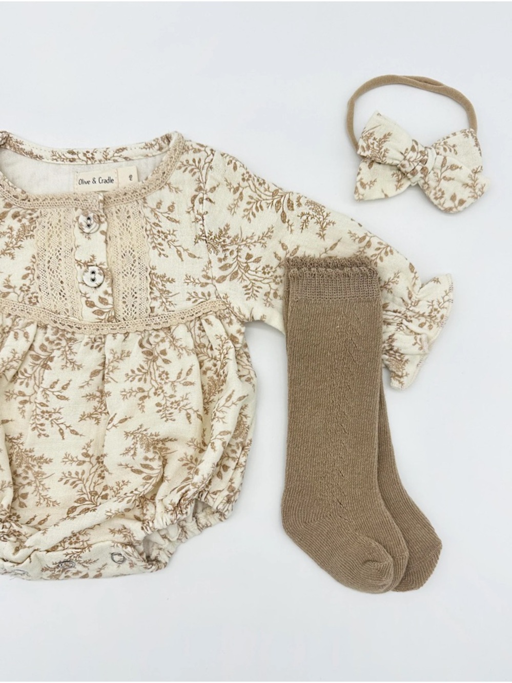 Olive & Cradle Elodie Longsleeve Baby Romper set — Cream & Tan Floral